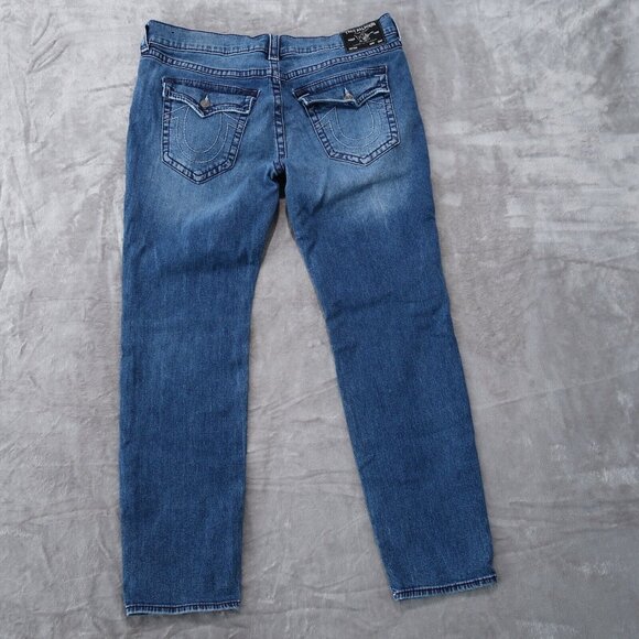 True Religion Jeans Mens 40x34 Blue Rocco Relaxed Skinny Whiskered Stretch - Picture 3 of 16